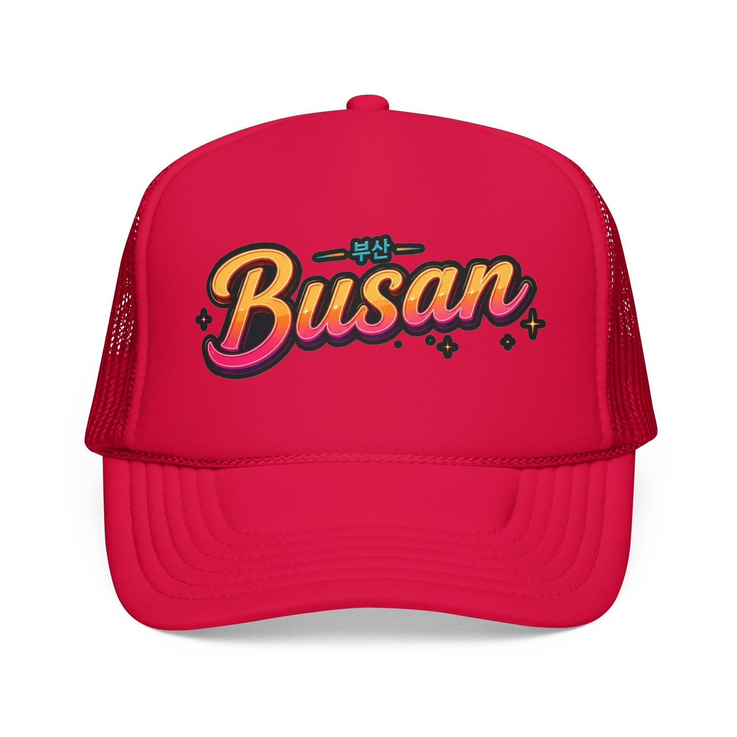 Red trucker hat with “Busan” front logo and mesh side panels