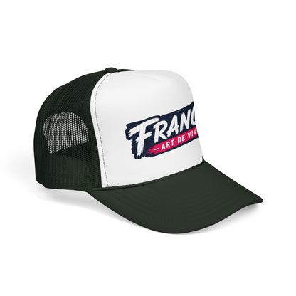Green and white trucker hat with mesh back and curved brim, 'FRANCE Art de Vivre' logo