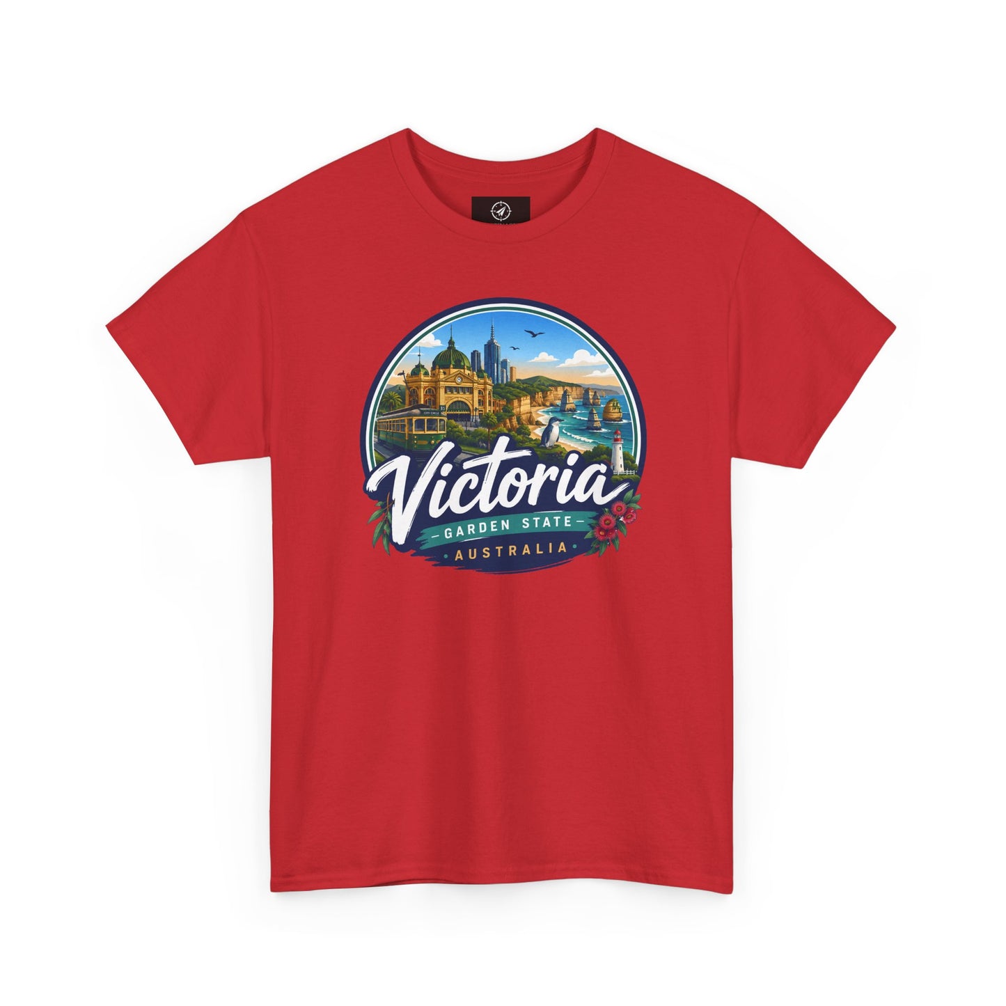 Red crew-neck travel t-shirt with circular Victoria landmark graphic print