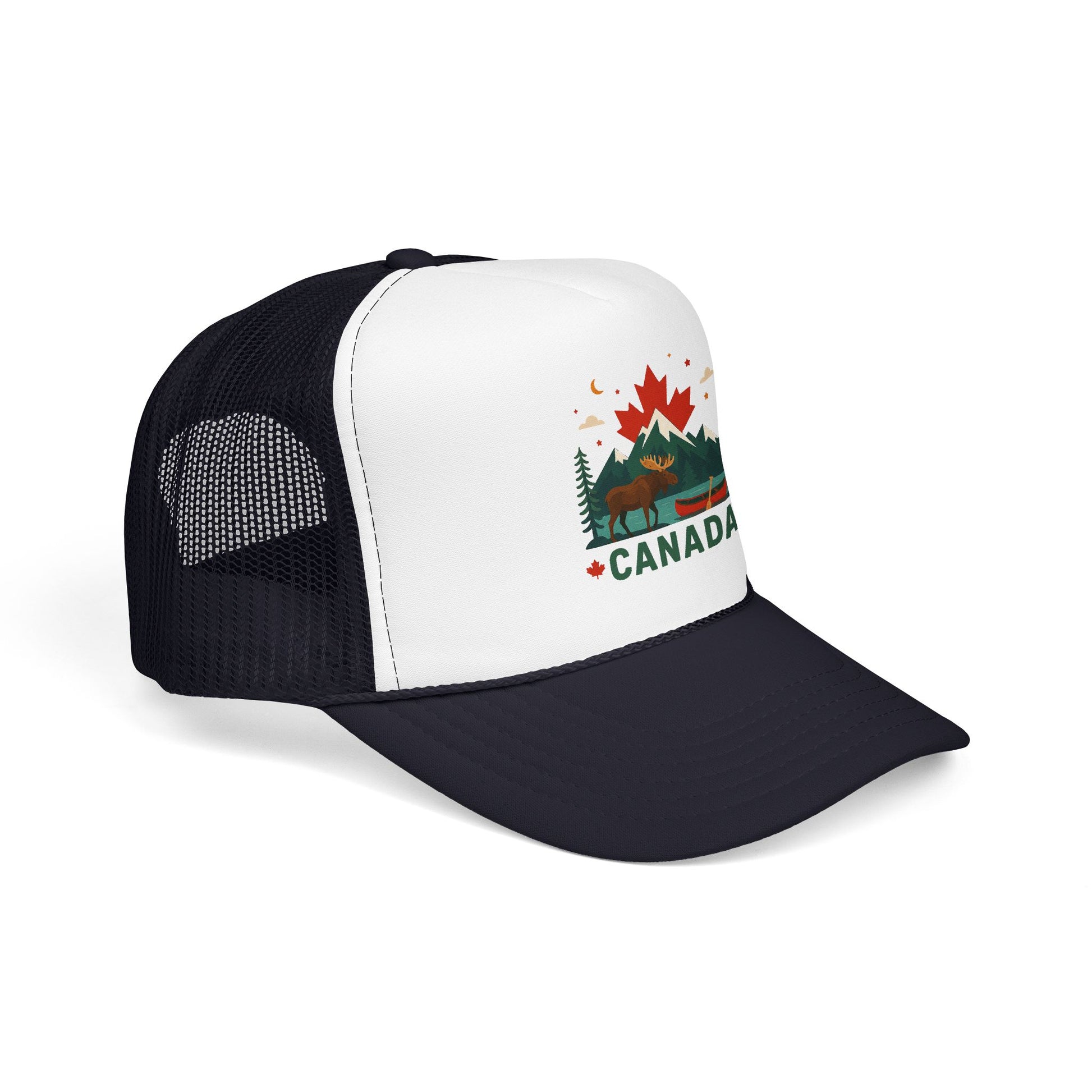 Black and white mesh trucker hat with Canada patch logo and curved brim