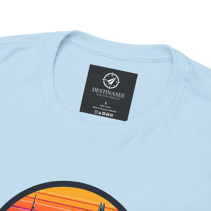 Light blue T-shirt with black “DESIGNASEE” logo label near neckline