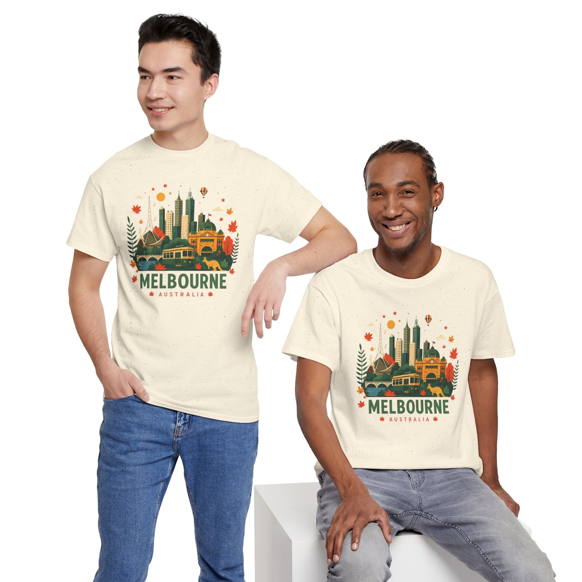 Natural cream T-shirt with Melbourne skyline graphic, worn by two models