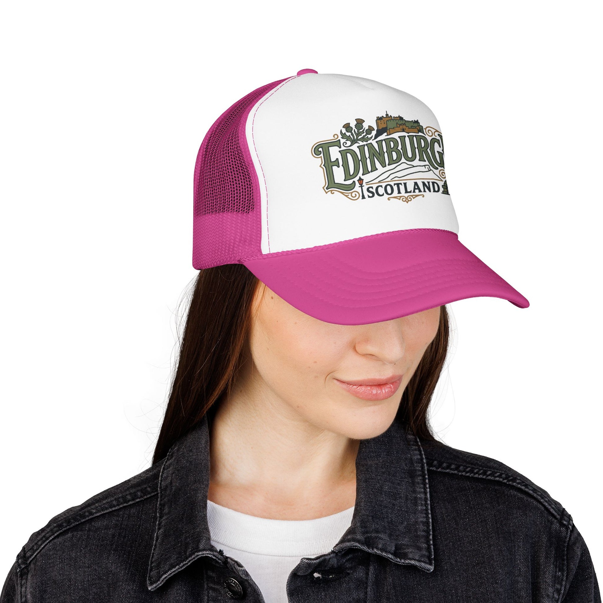 White front panel and pink mesh trucker hat with “Edinburgh Scotland” logo and curved brim.