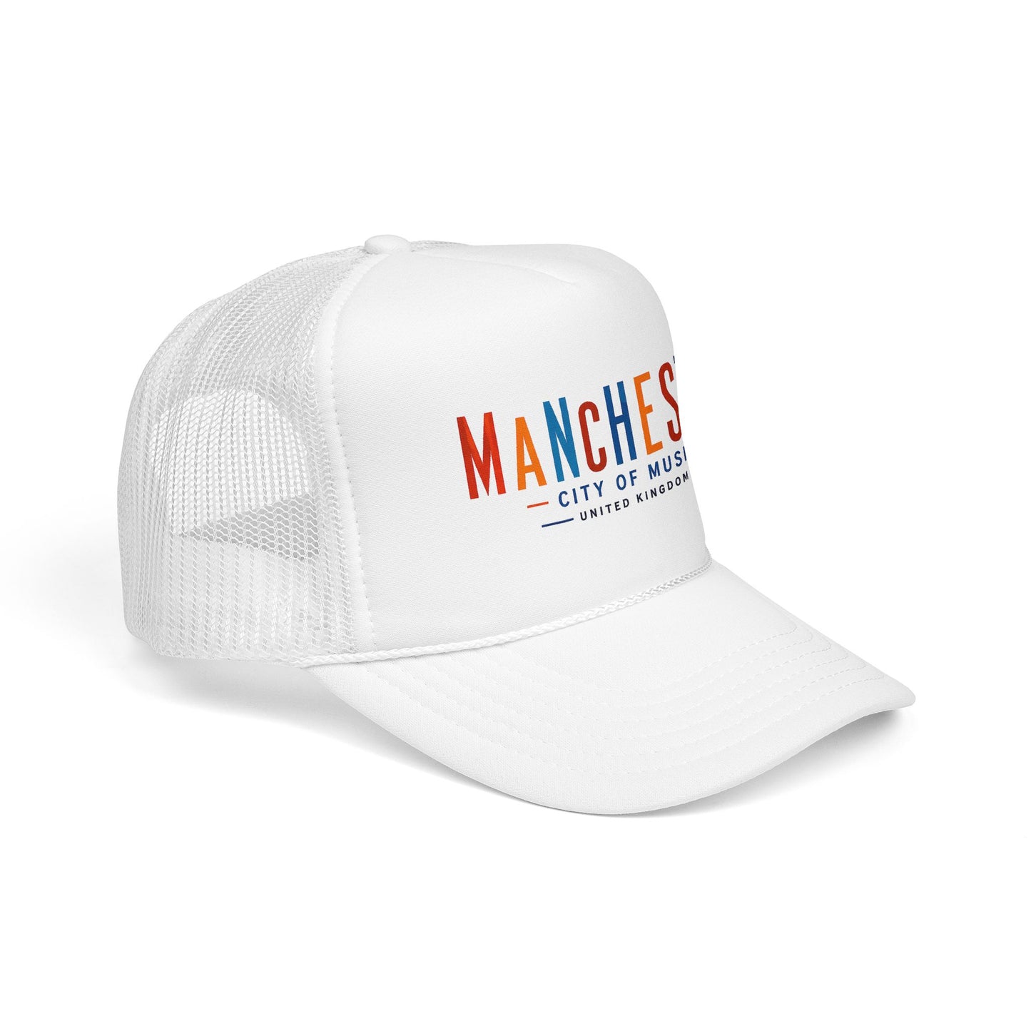 White trucker hat with embroidered Manchester City of Music logo on front panel