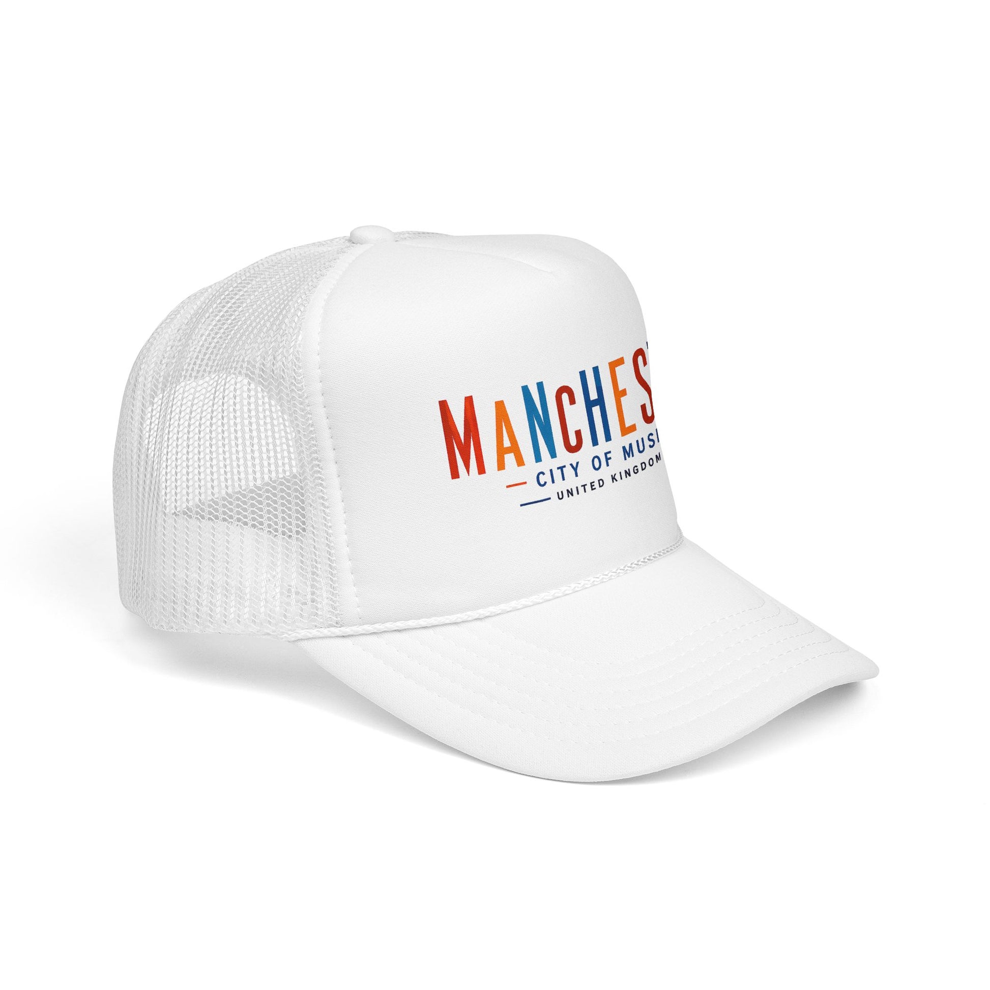 White trucker hat with embroidered Manchester City of Music logo on front panel