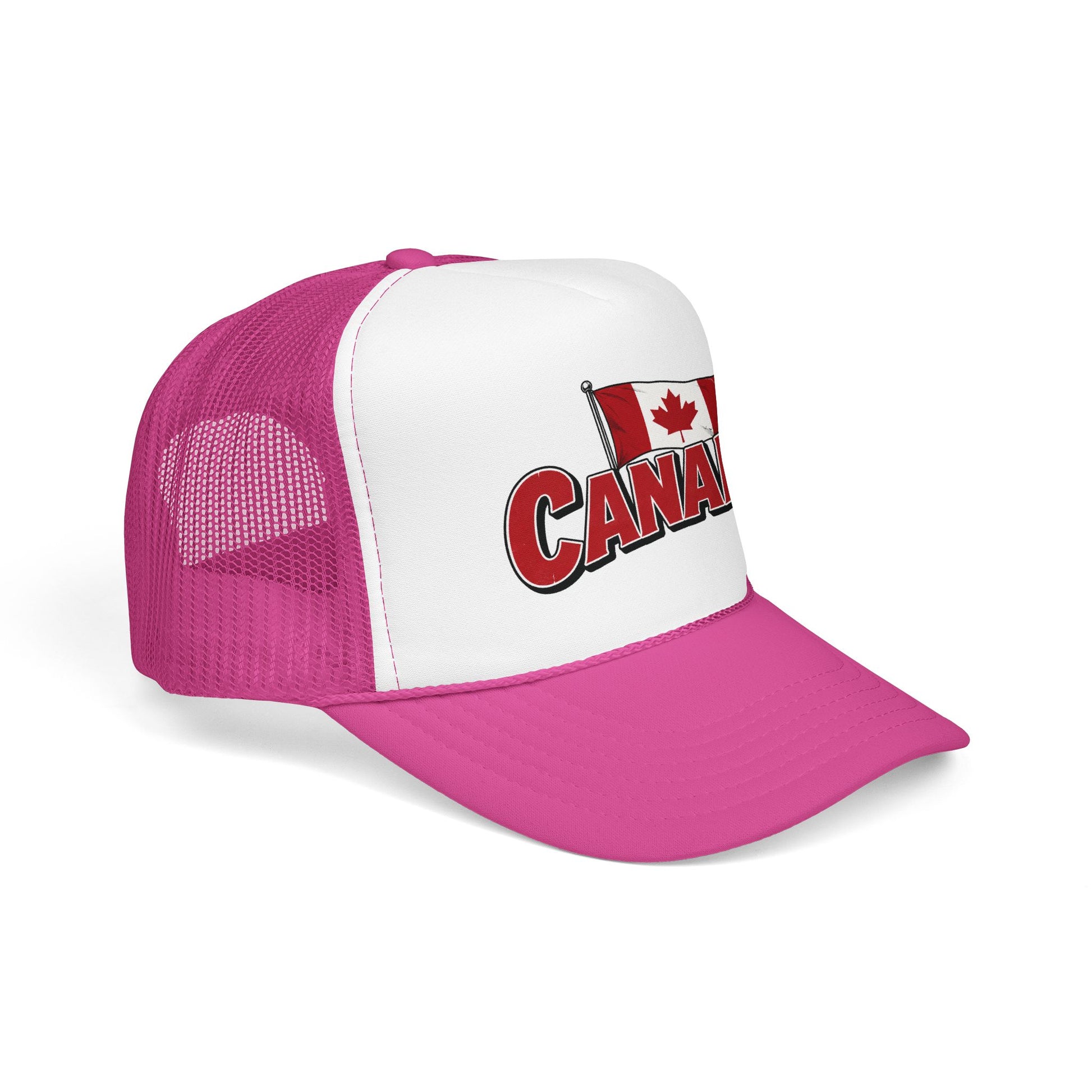Trucker hat with white front and magenta mesh, Canada logo patch and curved brim.