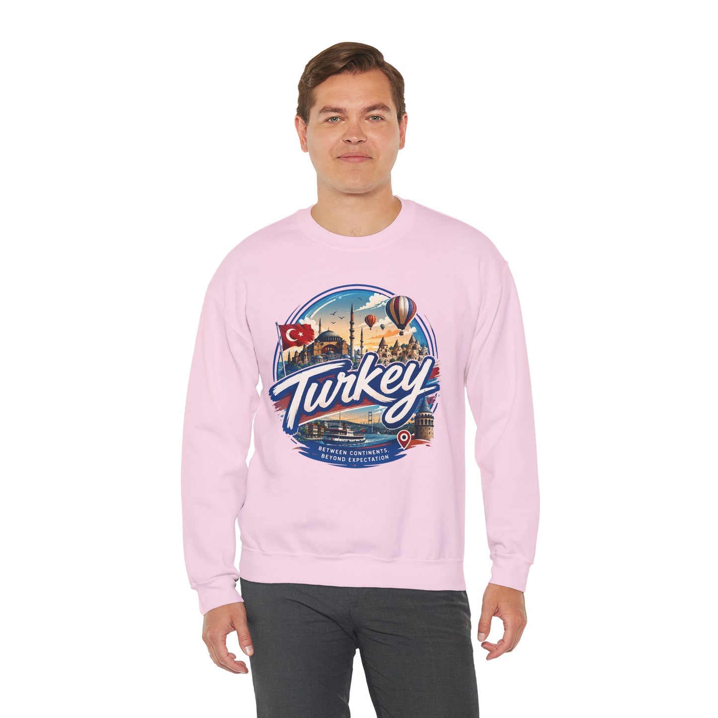 Light pink crewneck sweatshirt with retro “Turkey” graphic on the chest