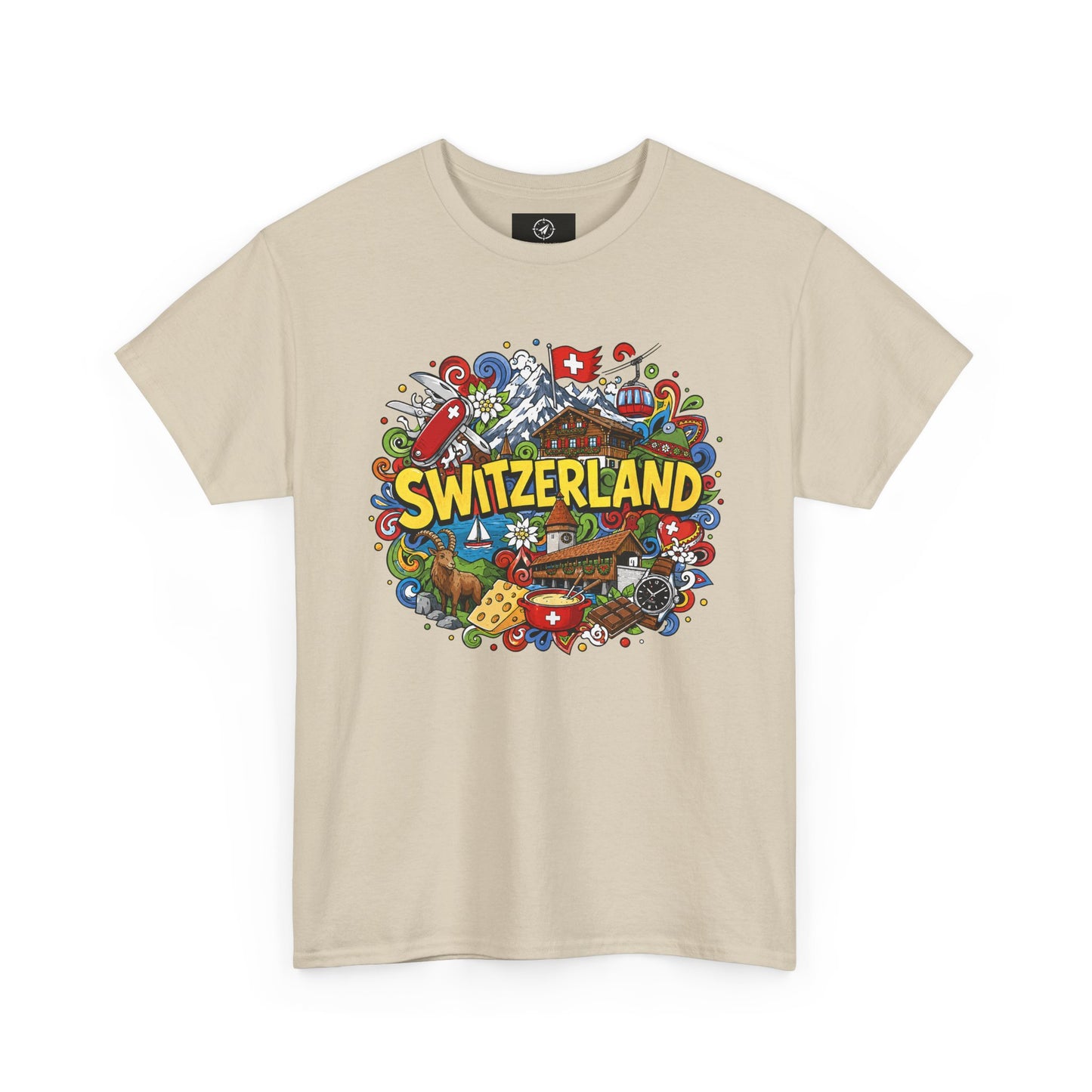 Beige Switzerland travel T-shirt with colorful Switzerland badge graphic on chest