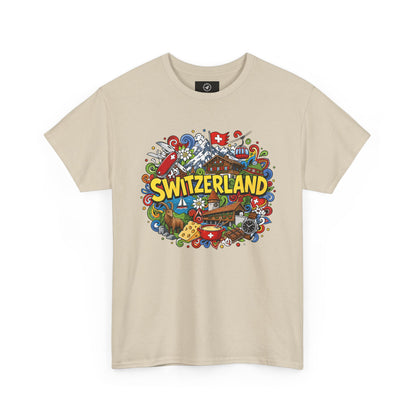 Beige Switzerland travel T-shirt with colorful Switzerland badge graphic on chest