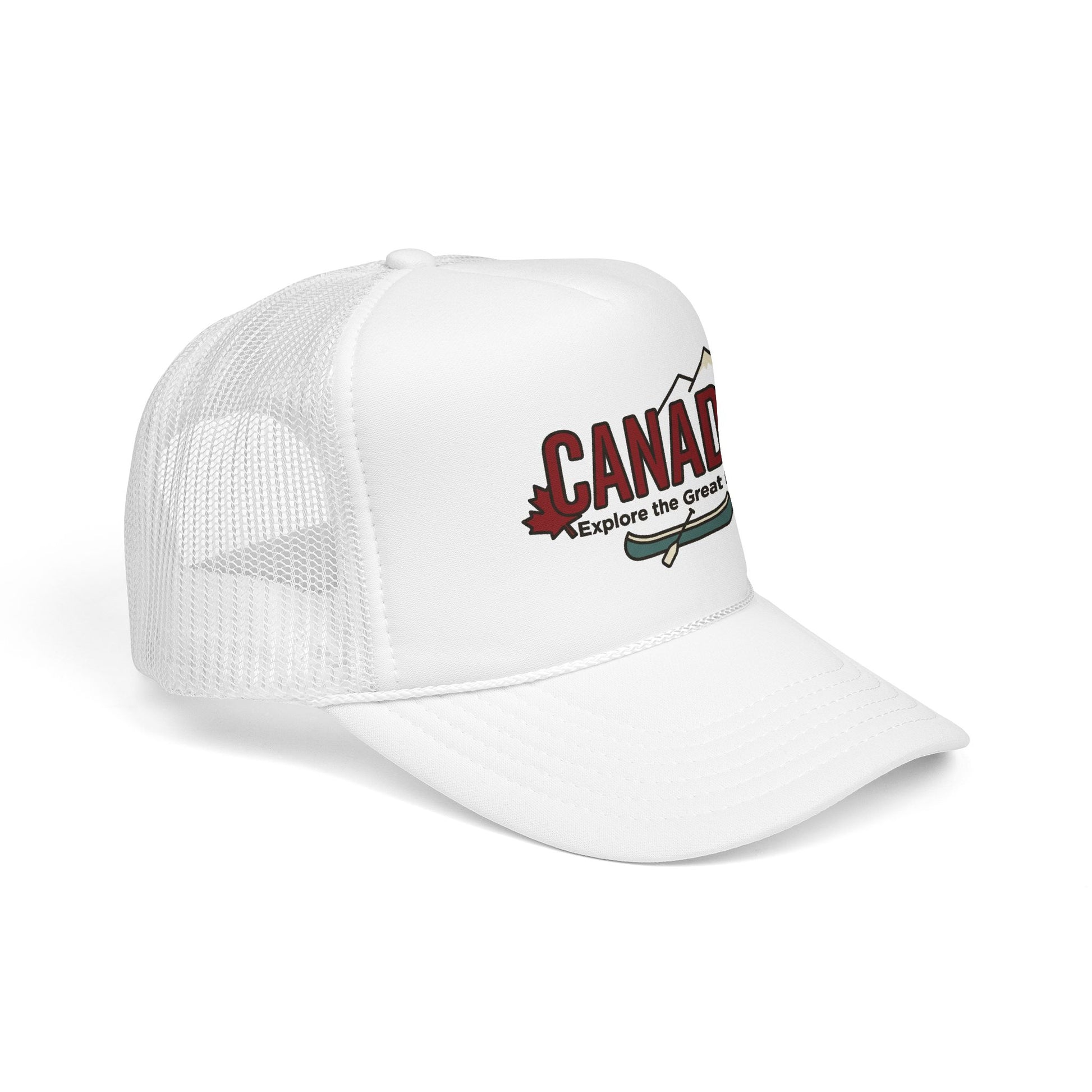 Foam trucker hat with white mesh panels and red Canada logo patch