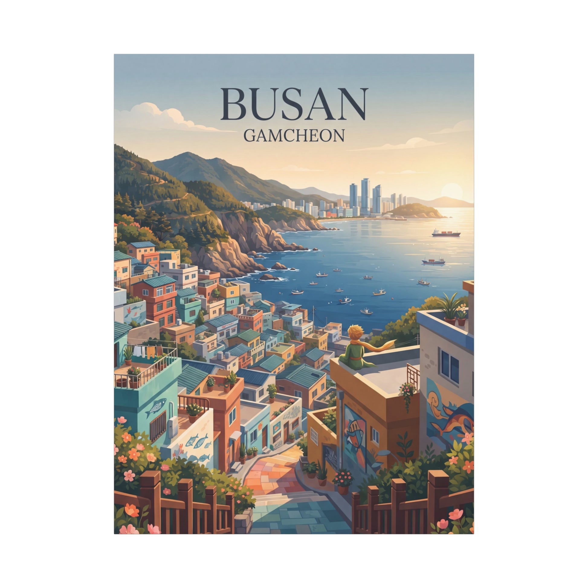 Matte canvas wall art, vertical: BUSAN GAMCHEON waterfront neighborhood with colorful flowers