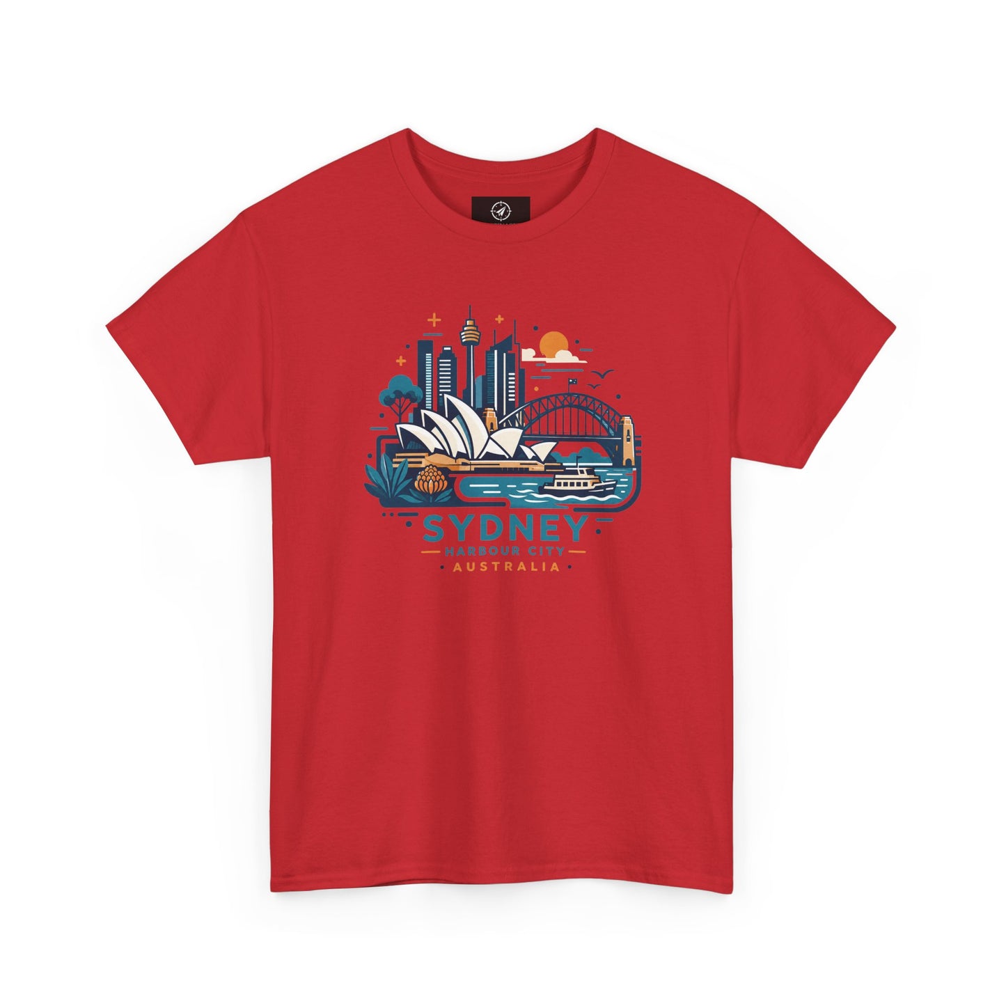 Red short-sleeve t-shirt with Sydney cityscape graphic on the chest