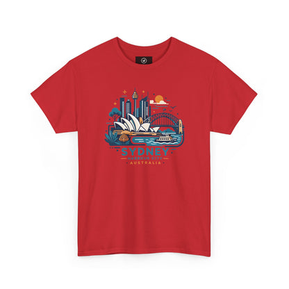 Red short-sleeve t-shirt with Sydney cityscape graphic on the chest