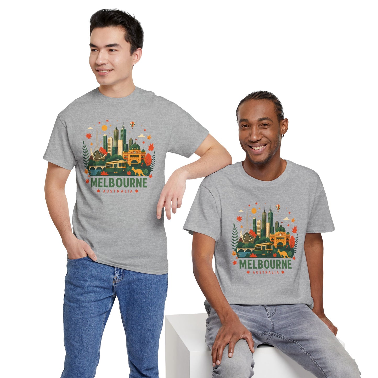 Charcoal heather T-shirt with Melbourne skyline graphic, worn by two models