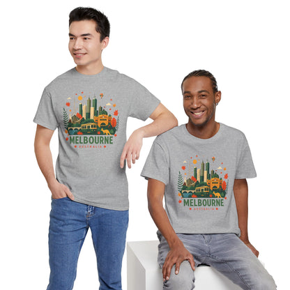 Charcoal heather T-shirt with Melbourne skyline graphic, worn by two models