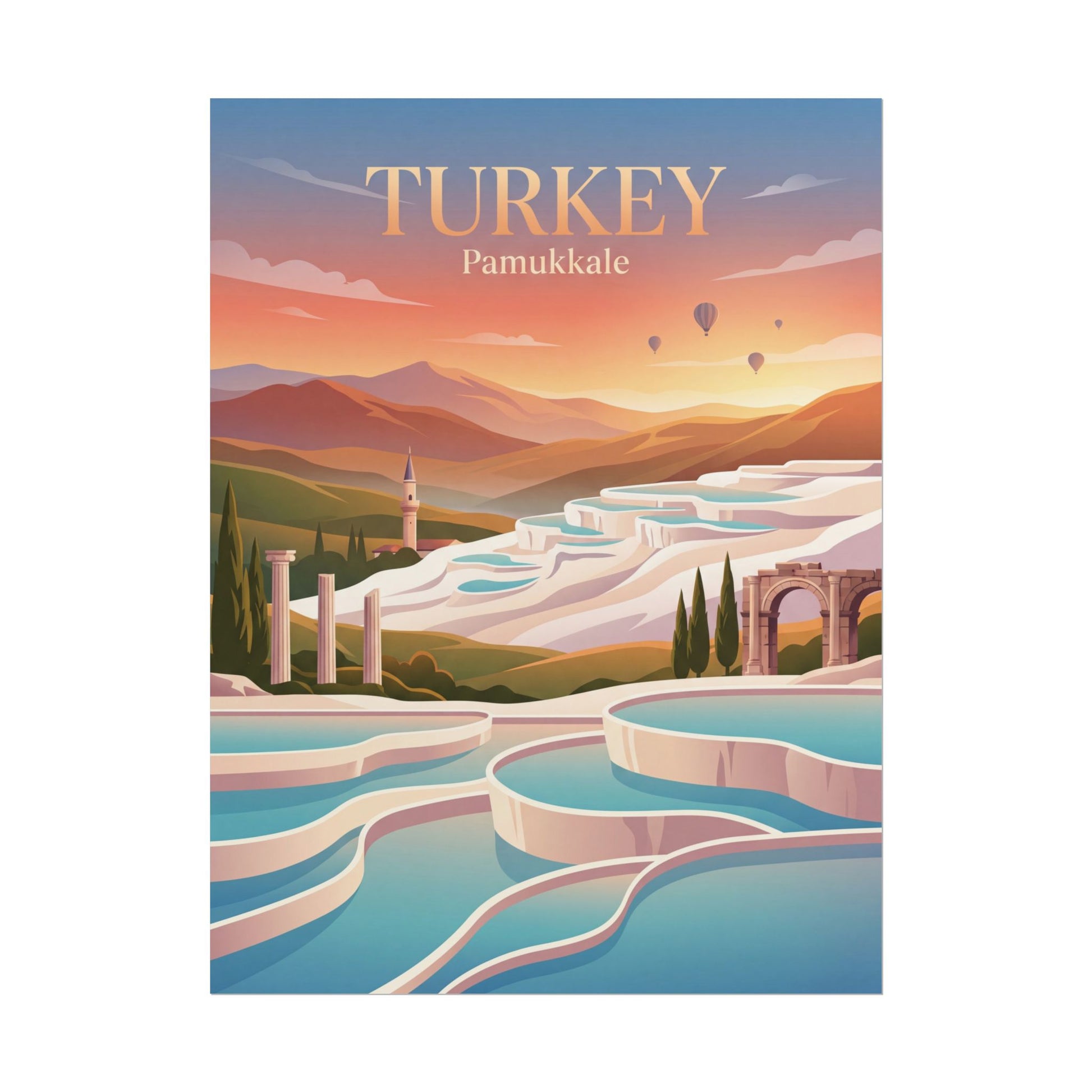 Cropped vertical travel poster with “TURKEY” and “Pamukkale” above white-blue terrace pools