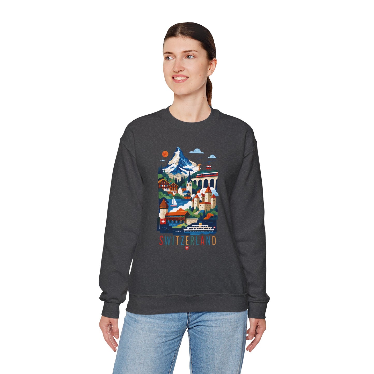 Dark gray crewneck sweatshirt with colorful Switzerland landscape graphic on front.