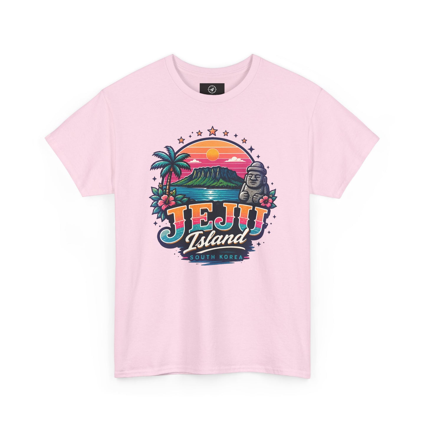 Pink T-shirt with colorful island sunset graphic print on the chest