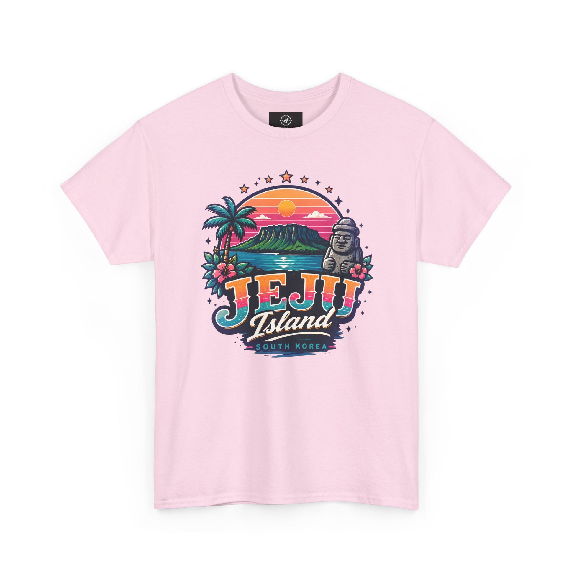 Pink T-shirt with colorful island sunset graphic print on the chest