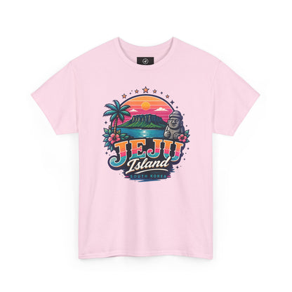 Pink T-shirt with colorful island sunset graphic print on the chest