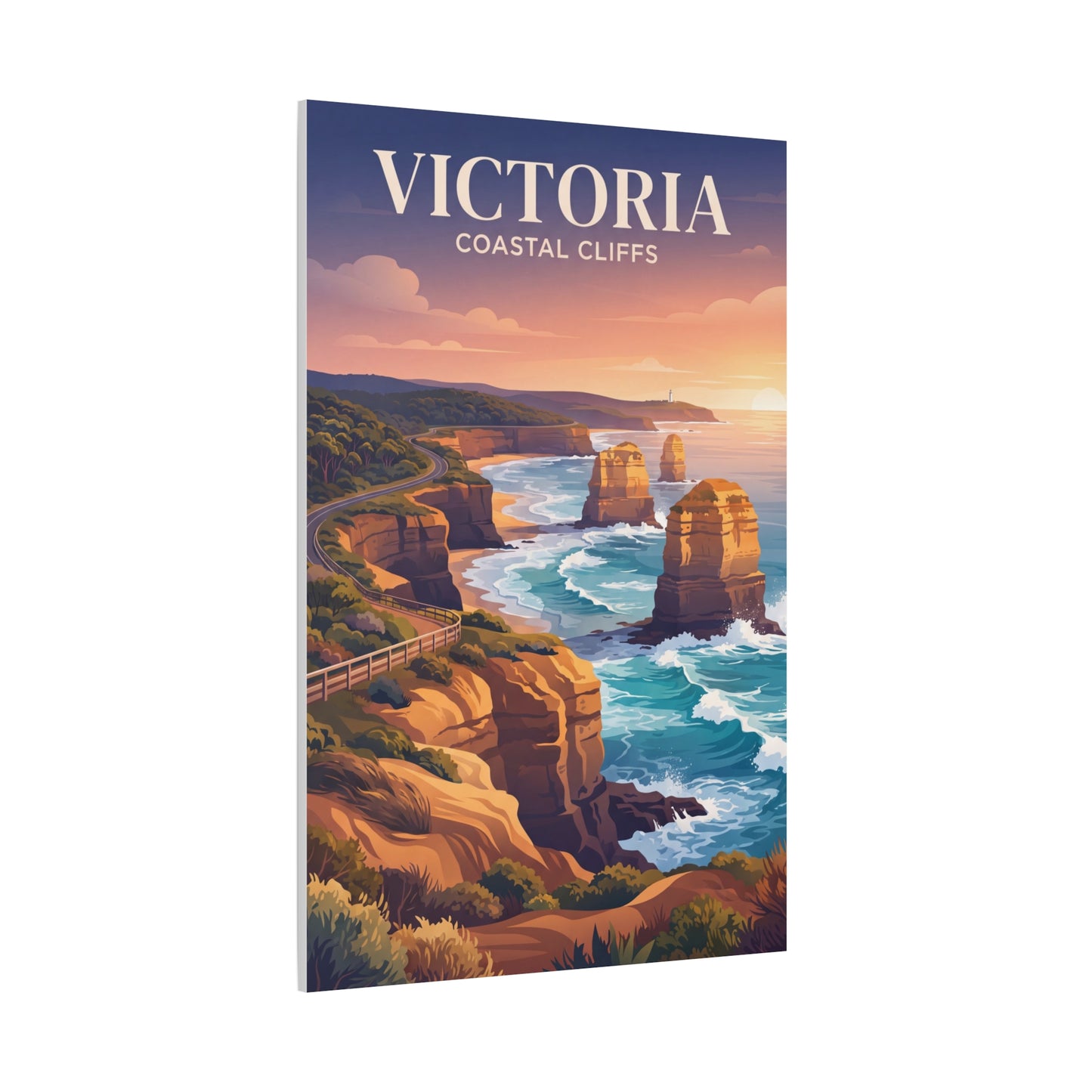 Vertical canvas wall art of coastal cliffs, ocean waves, and distant shoreline at sunset.