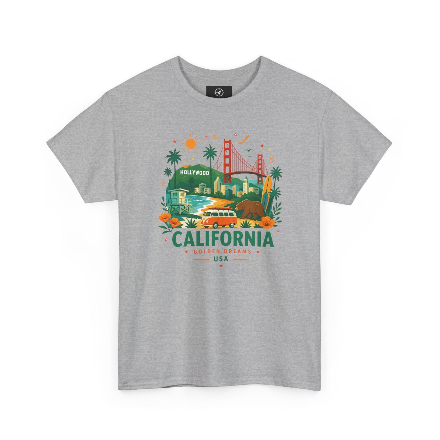 Heather gray short-sleeve crewneck T-shirt with colorful California graphic print