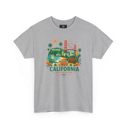 Heather gray short-sleeve crewneck T-shirt with colorful California graphic print