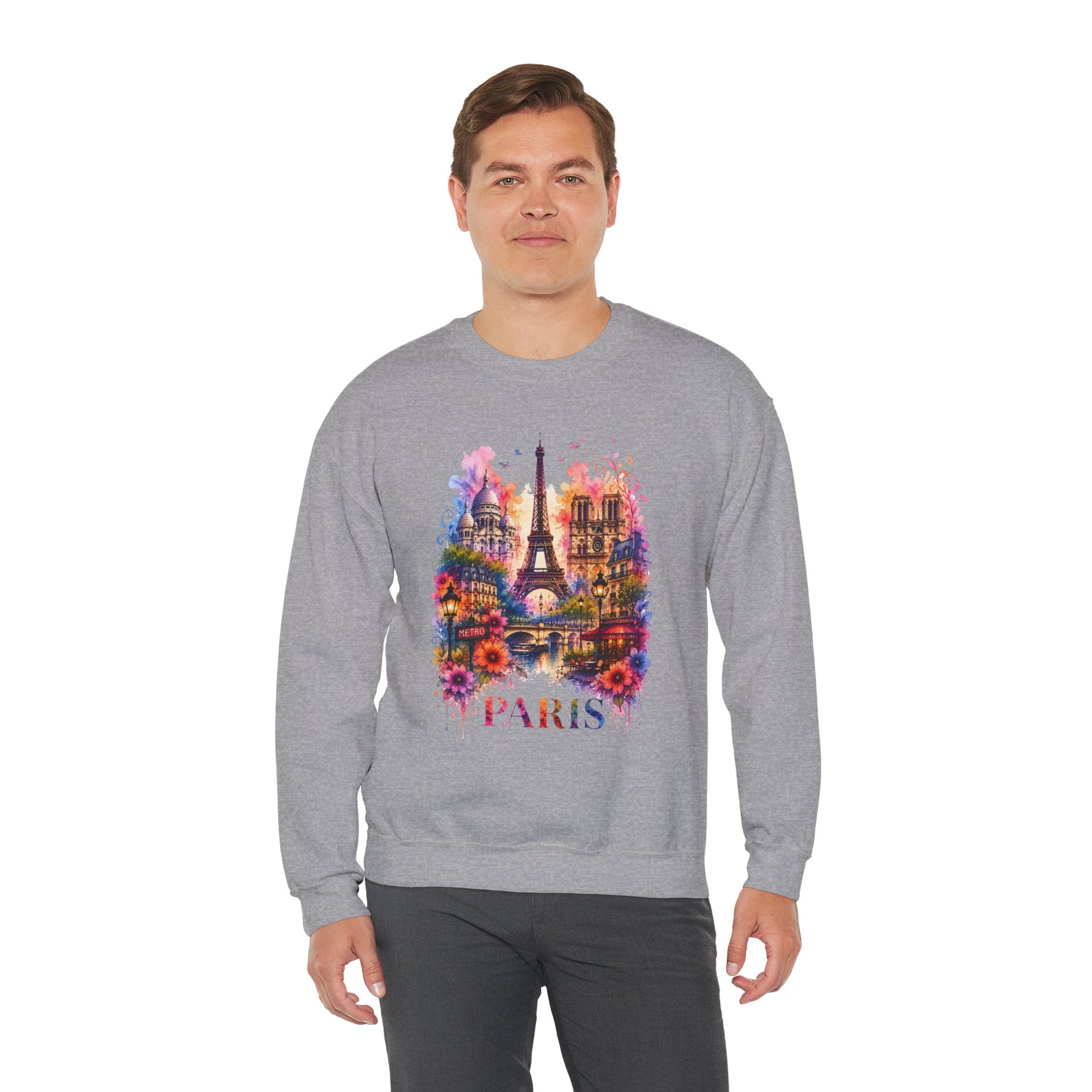 Gray heather sweatshirt on model with colorful Eiffel Tower floral graphic and "PARIS"