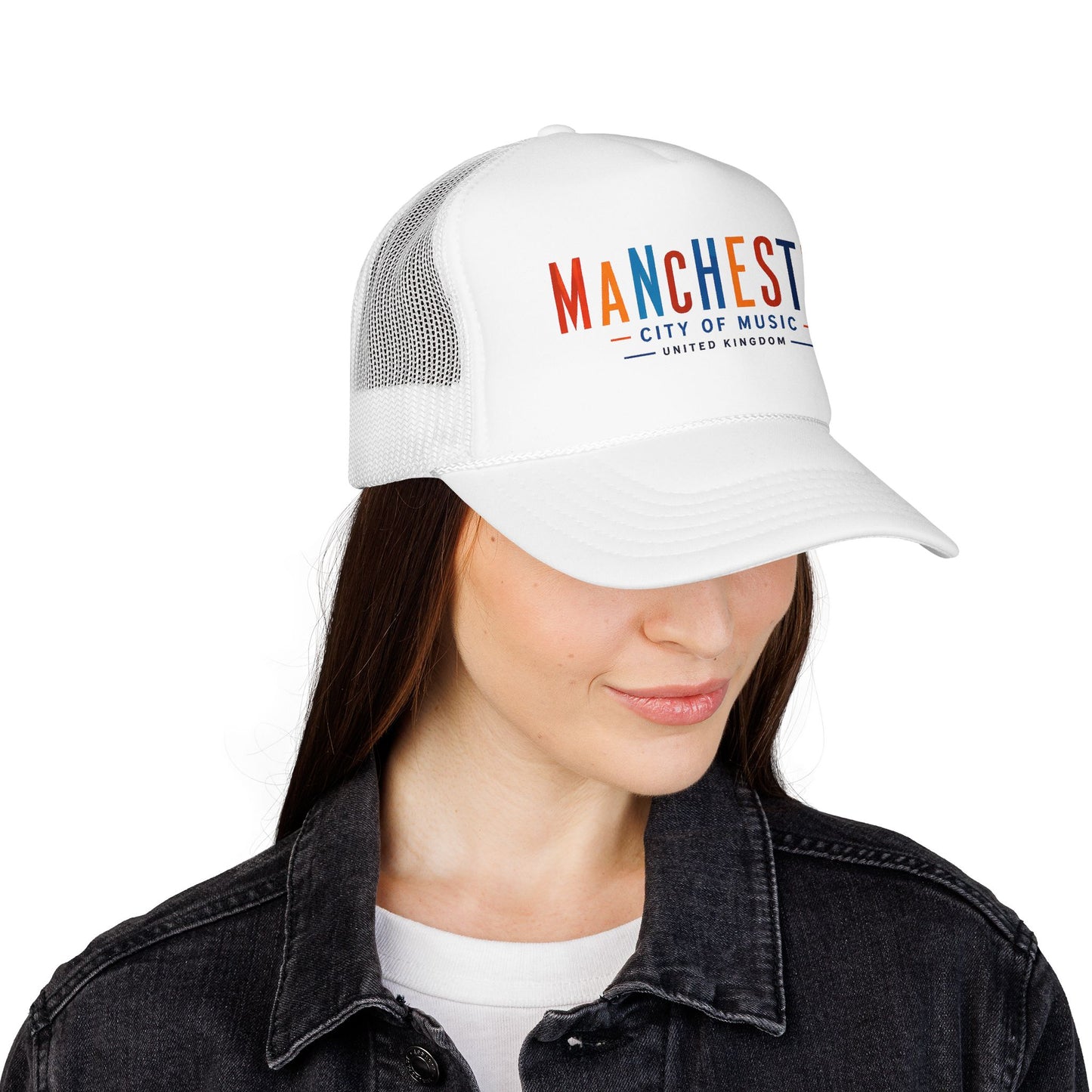 White trucker hat with embroidered Manchester City of Music logo on front panel