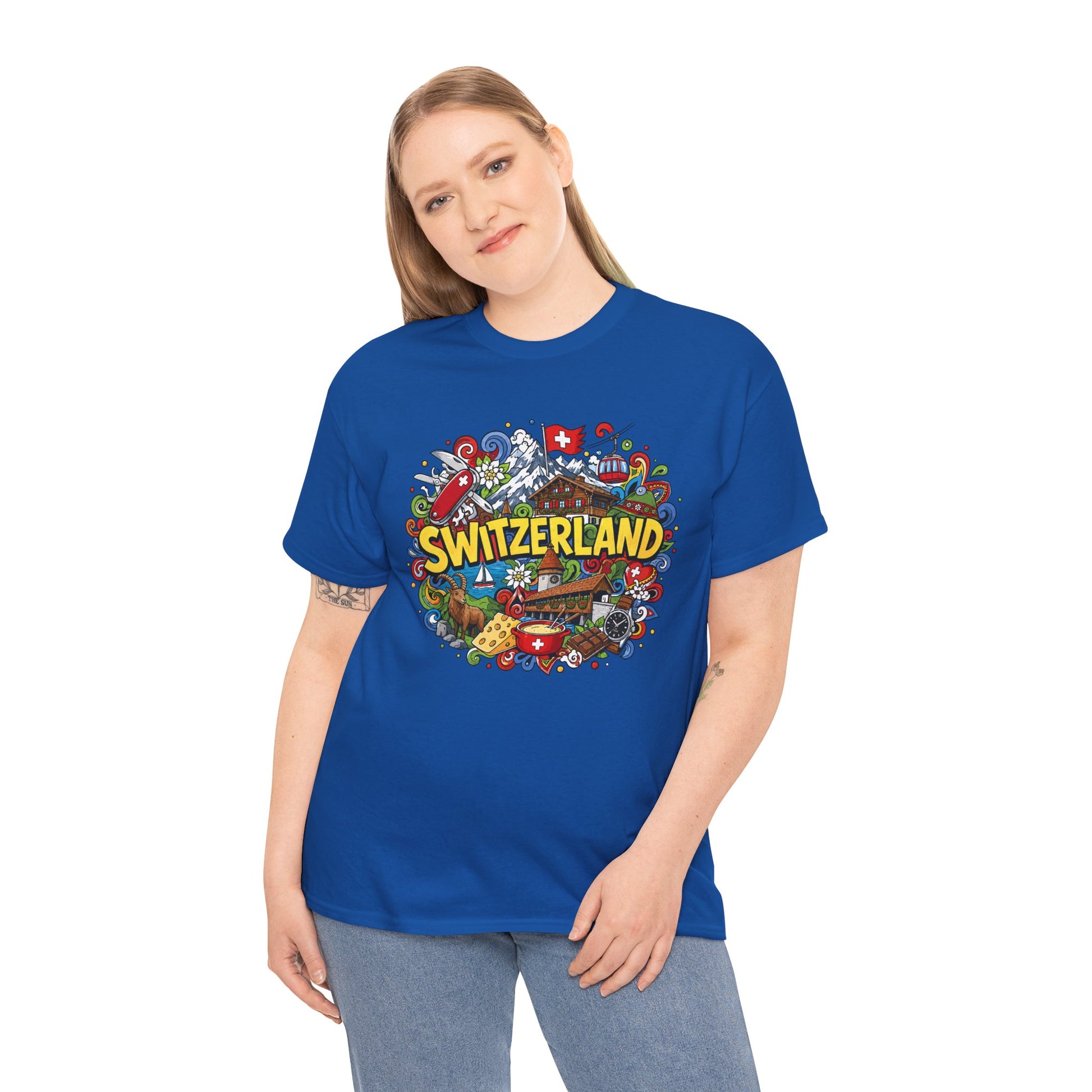 Royal blue crew-neck Switzerland travel T-shirt with colorful round chest graphic