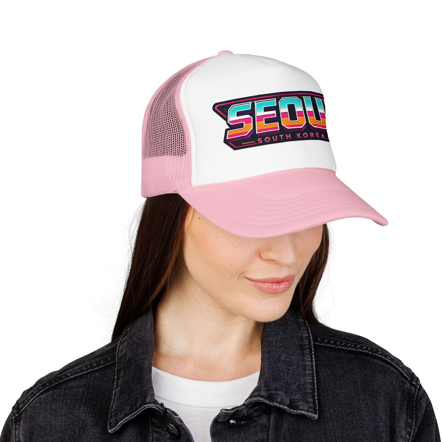Pink and white mesh trucker hat with “SEOUL SOUTH KOREA” logo on the front panel.
