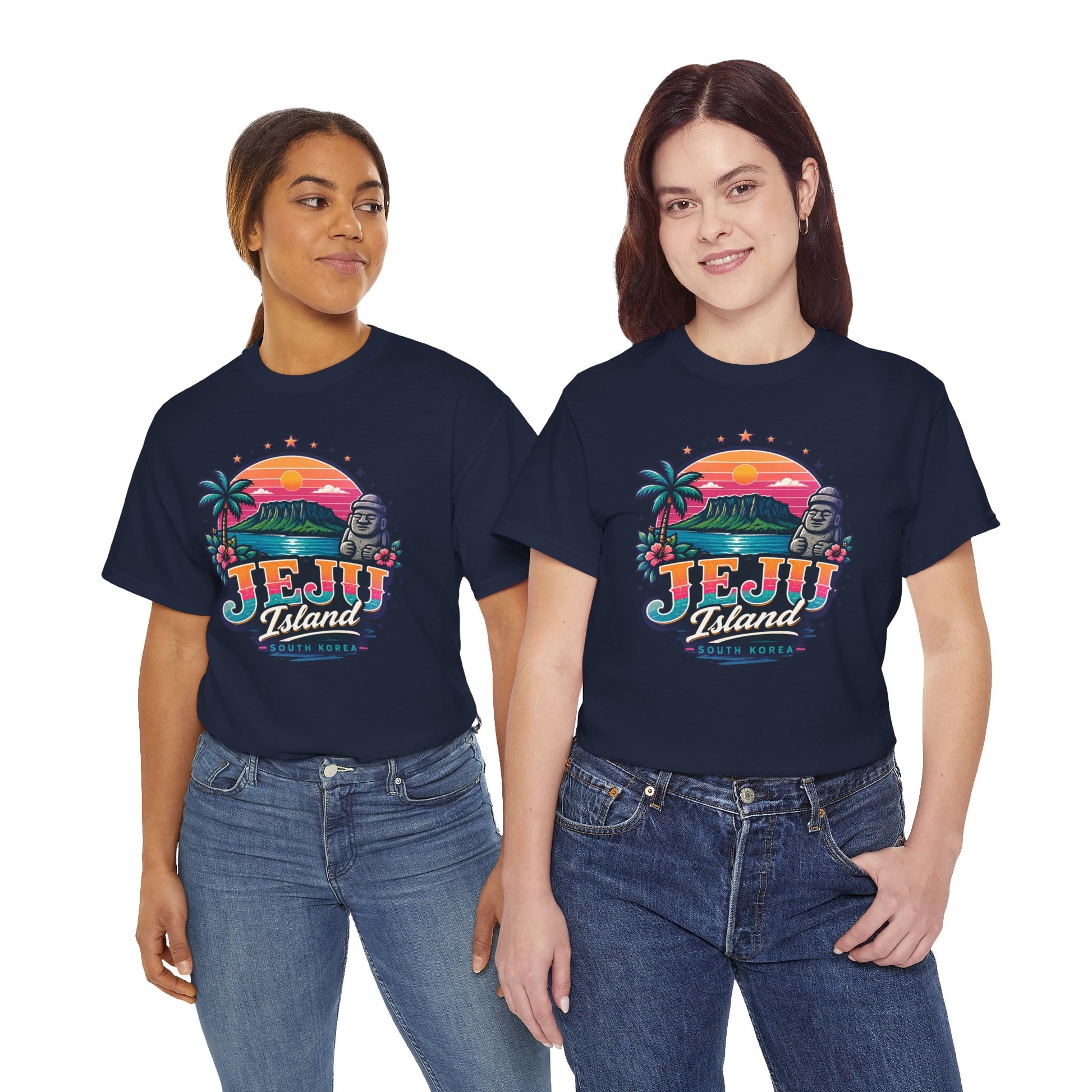 Navy Jeju Island graphic T-shirt on two models with palm tree sunset front print