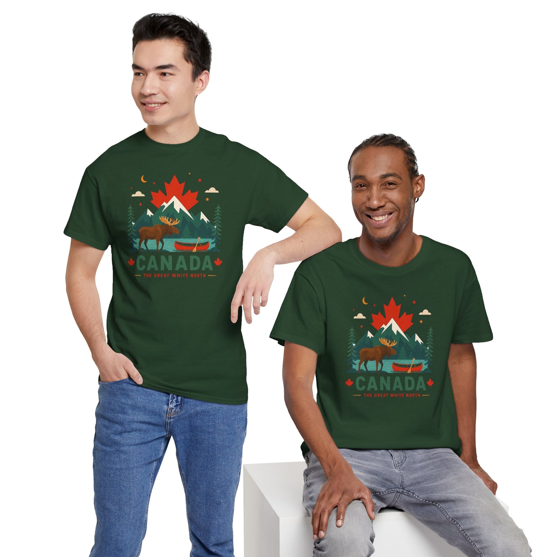 Dark green short-sleeve T-shirt with colorful maple tree graphic and Canada text