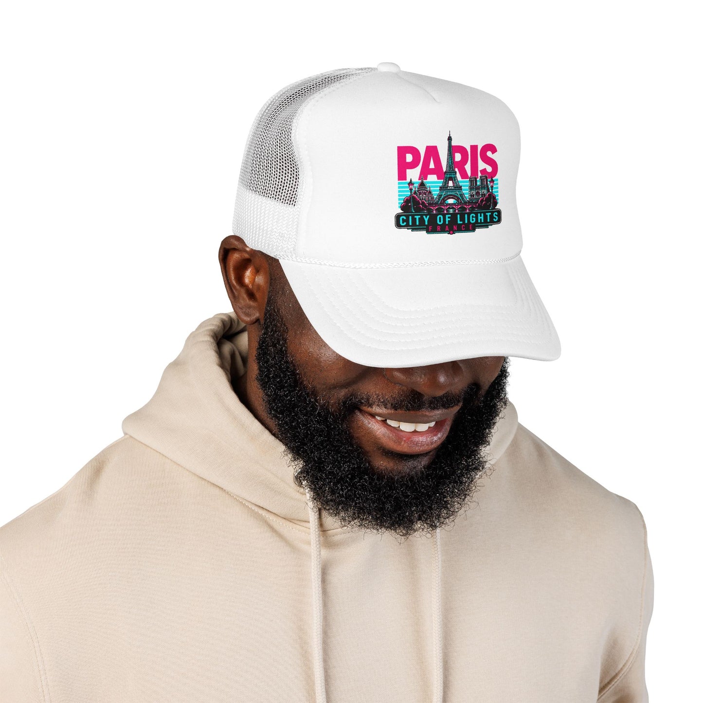 All-white trucker hat with “PARIS City of Lights” logo on the front panel