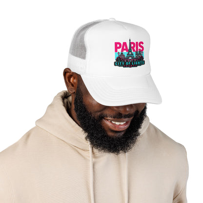 All-white trucker hat with “PARIS City of Lights” logo on the front panel