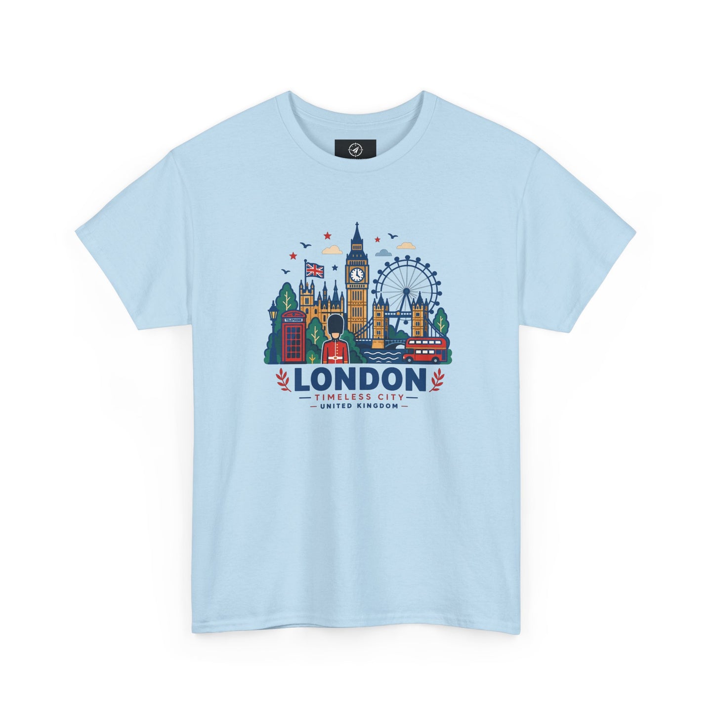 Light blue crew neck T-shirt with colorful London skyline graphic on the front