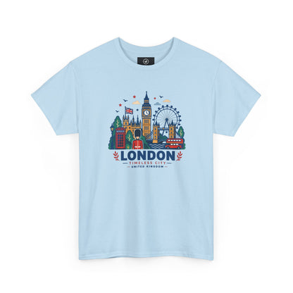 Light blue crew neck T-shirt with colorful London skyline graphic on the front