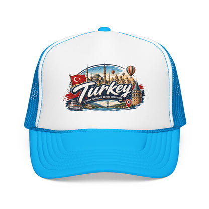 White and blue trucker hat with blue mesh sides and Turkey travel graphic on front
