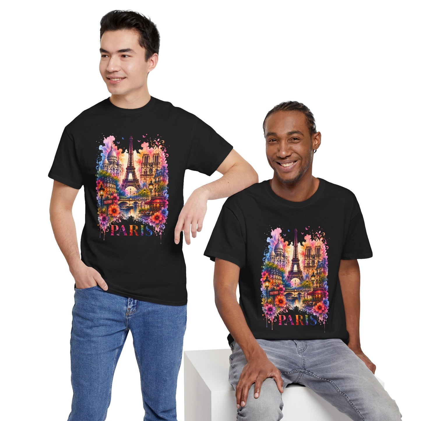 Black crew-neck T-shirt with colorful Paris floral Eiffel Tower graphic, front view