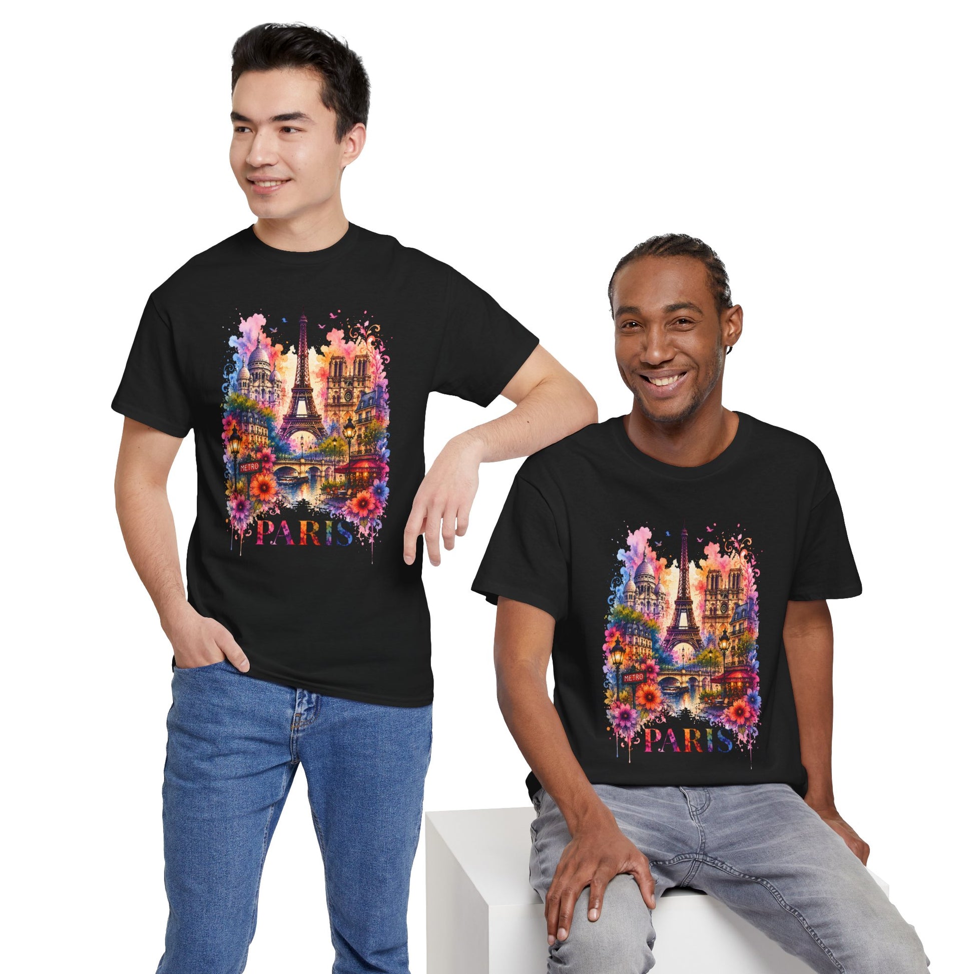 Black crew-neck T-shirt with colorful Paris floral Eiffel Tower graphic, front view