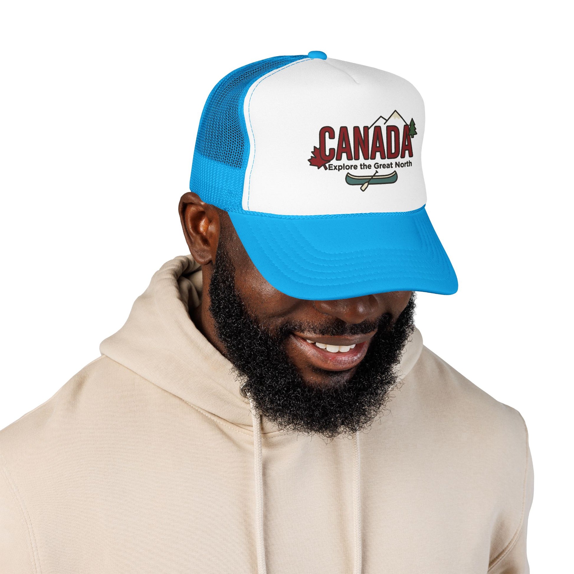 Blue foam trucker hat with white front panel, mesh back, and CANADA logo