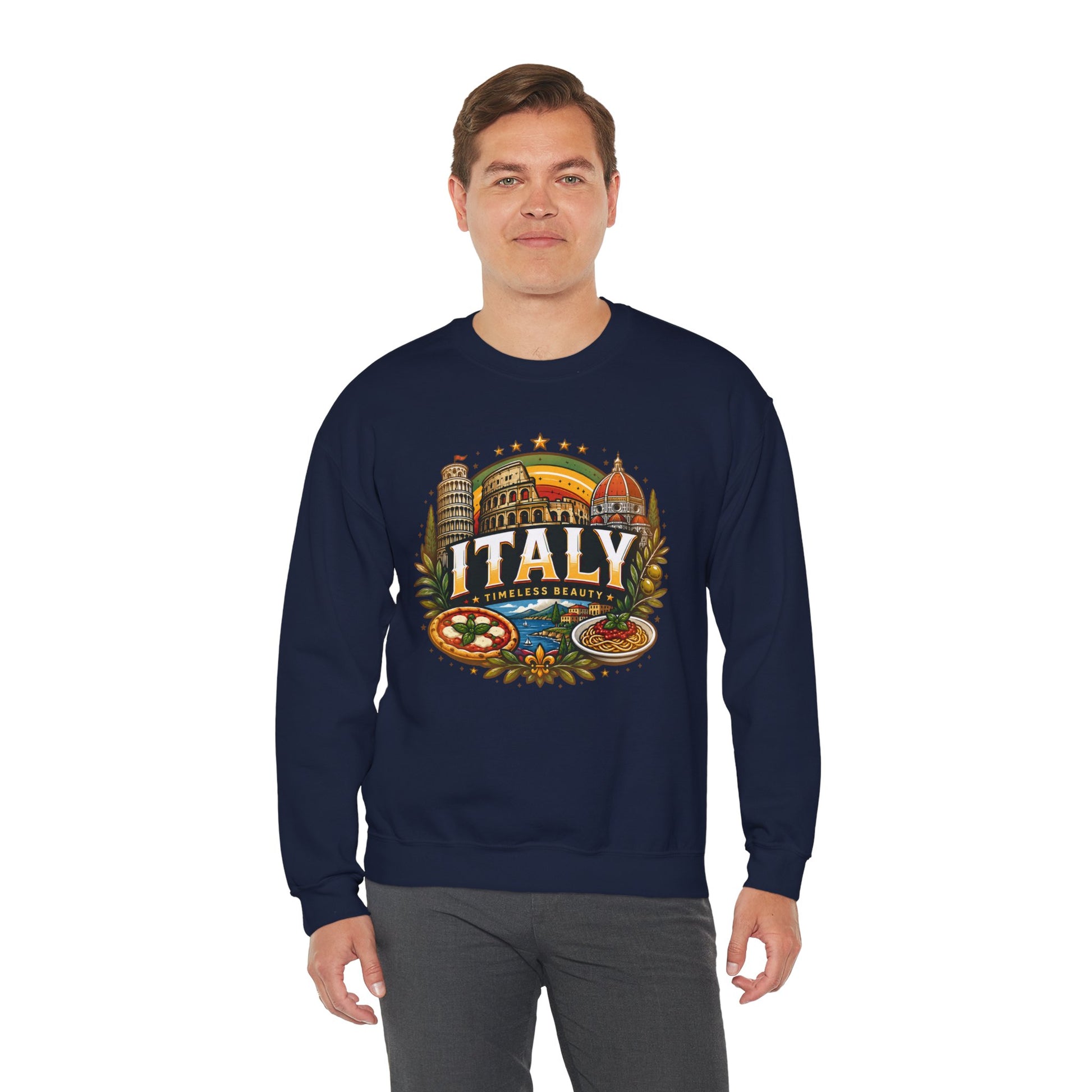 Navy crewneck sweatshirt with Italy emblem graphic, worn by model