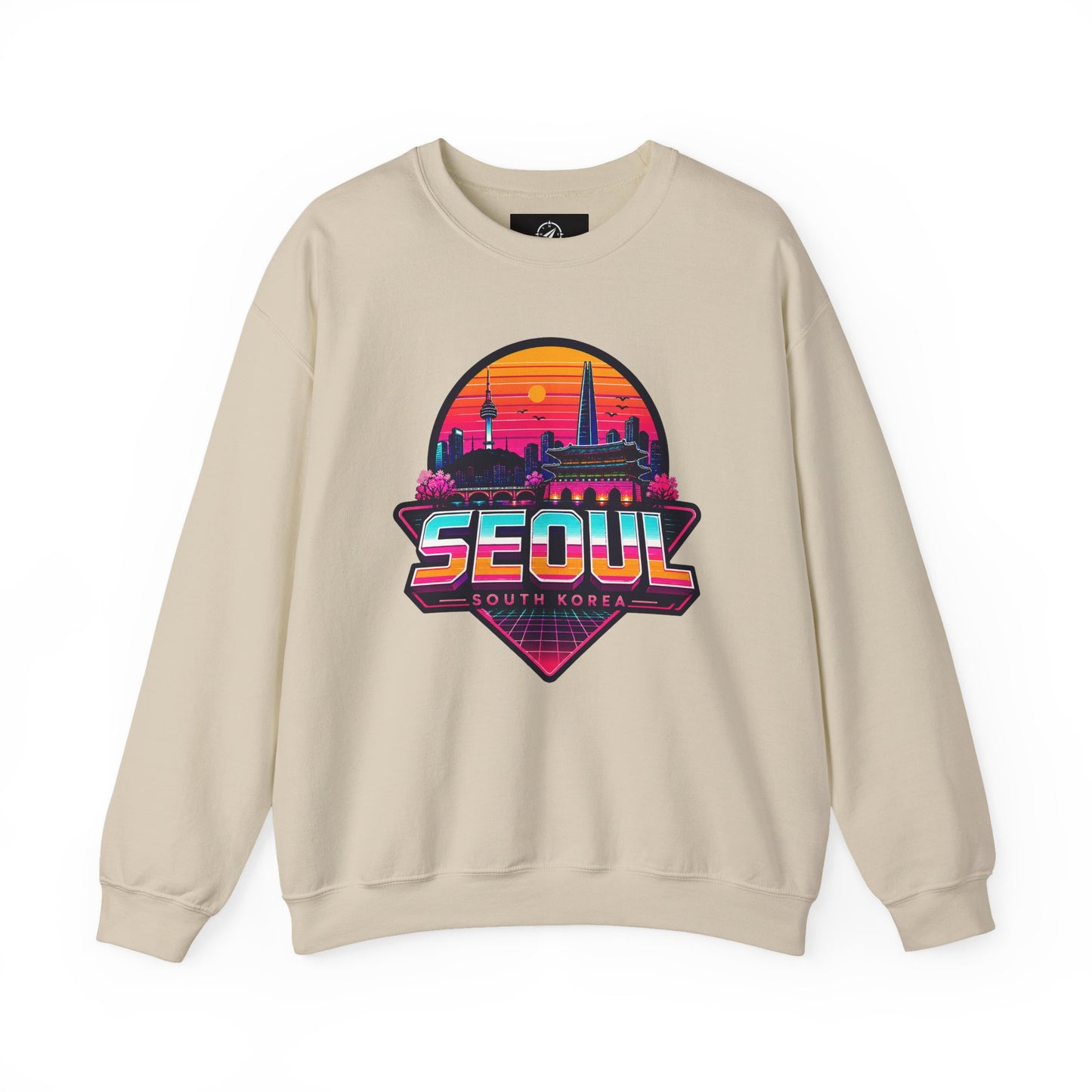 Light sand crewneck sweatshirt with multicolor Seoul city graphic