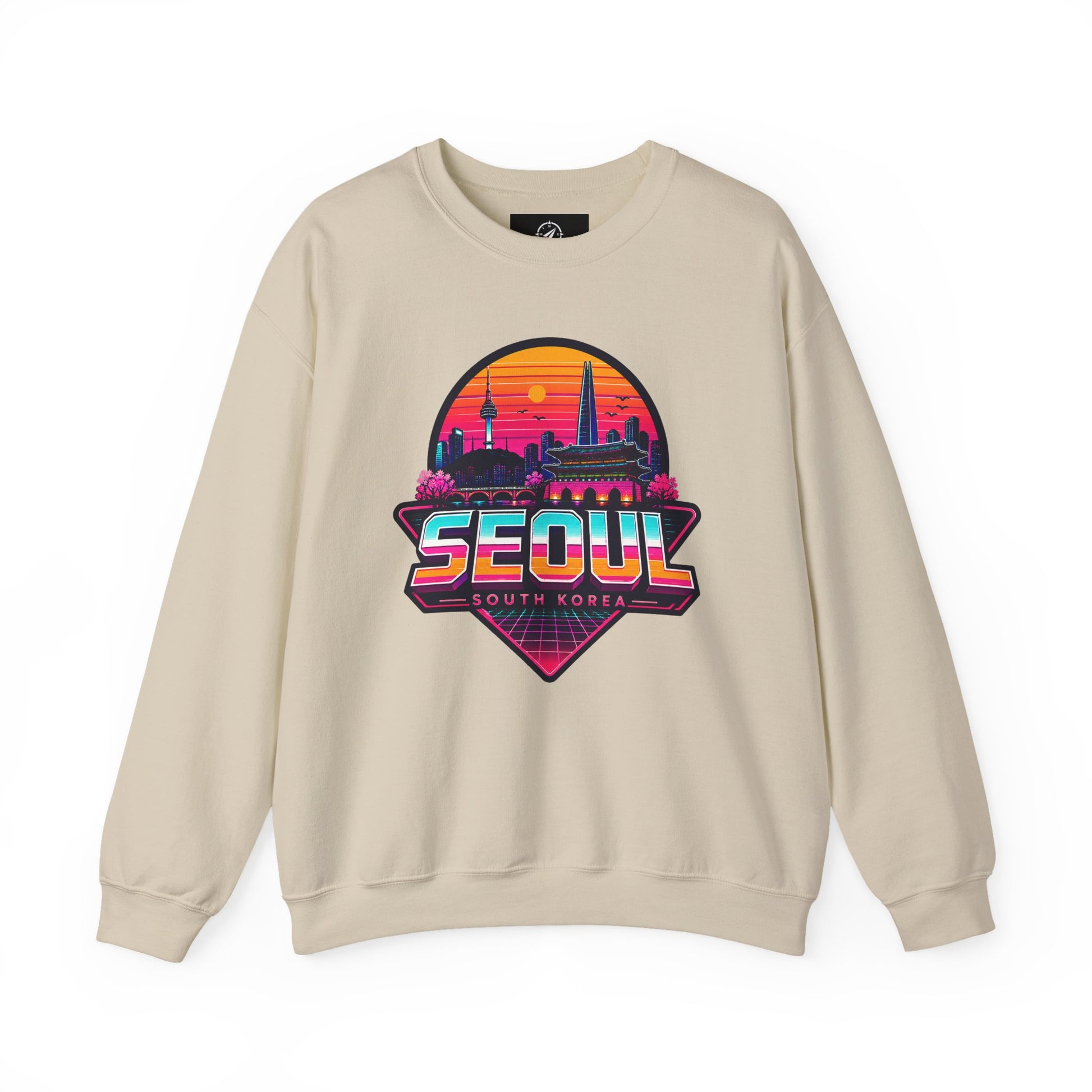 Light sand crewneck sweatshirt with multicolor Seoul city graphic
