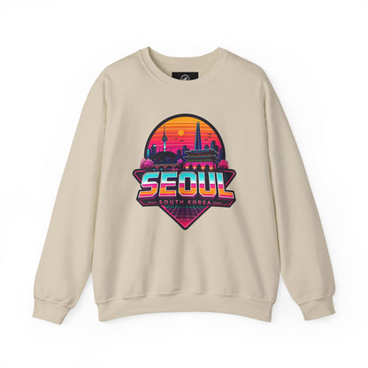 Light sand crewneck sweatshirt with multicolor Seoul city graphic