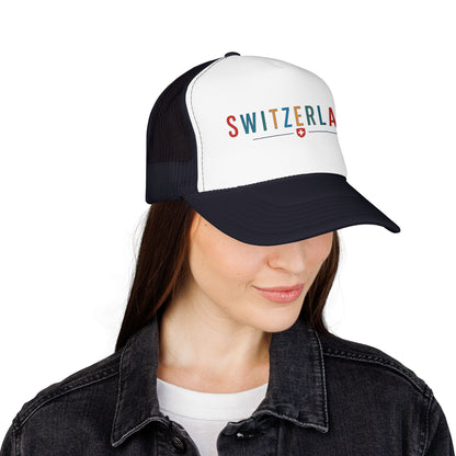 Black and white foam trucker cap with front 'SWITZERLAND' logo