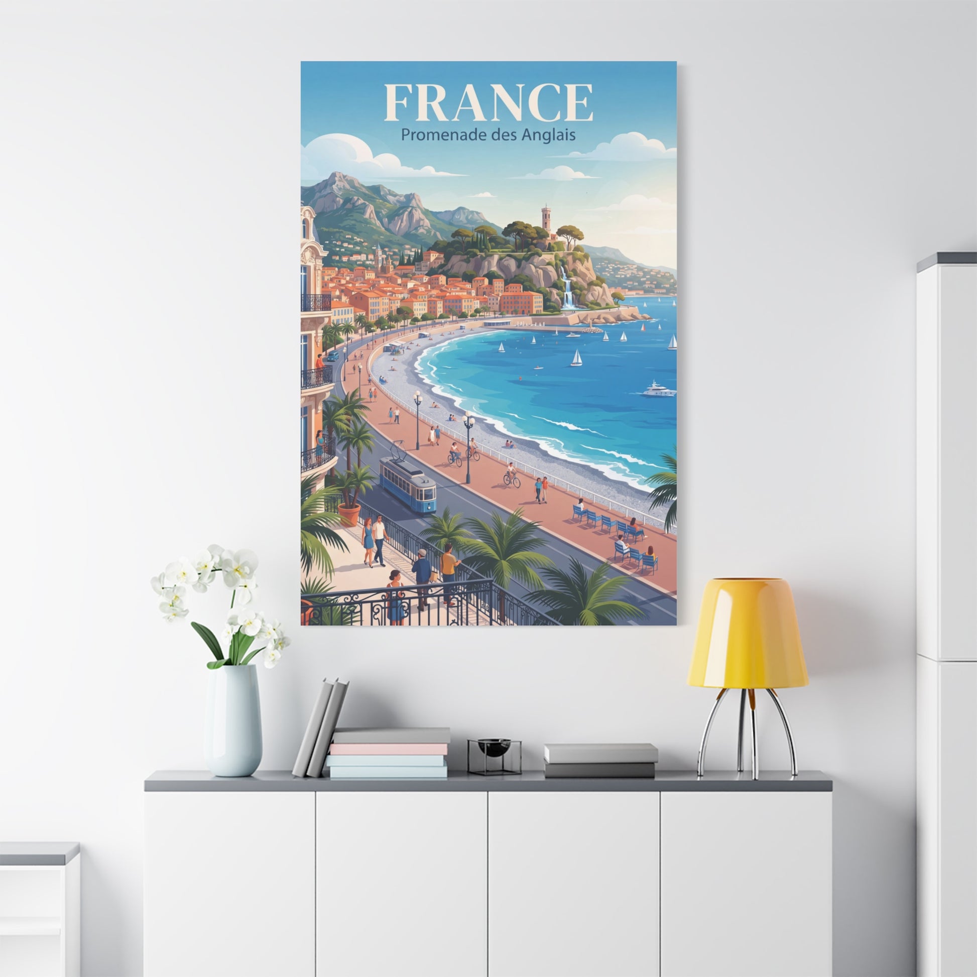 Matte canvas wall art with 'FRANCE' text and a blue seaside cove with boats.