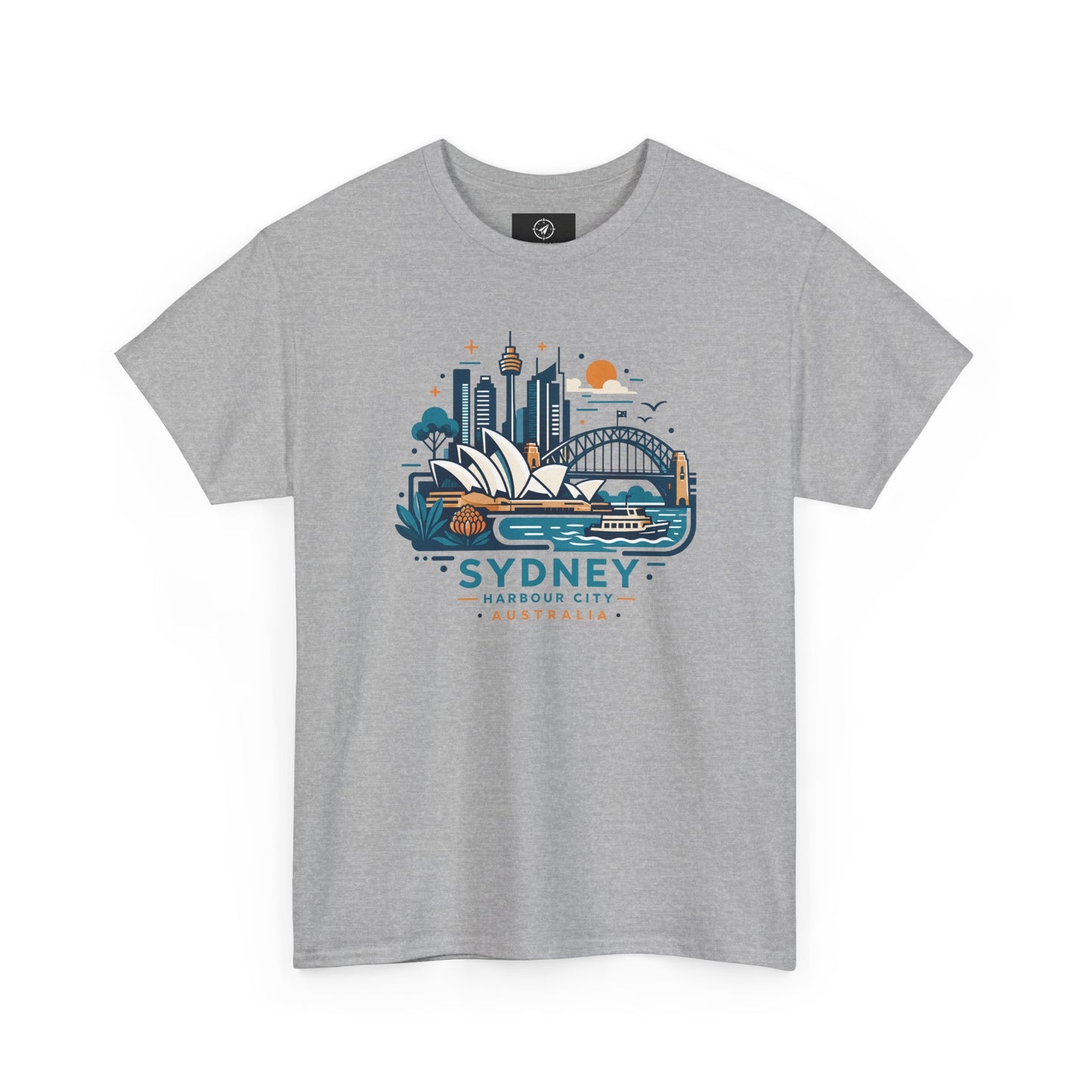 Heather gray Sydney harbor city graphic T-shirt, short-sleeve crew neck