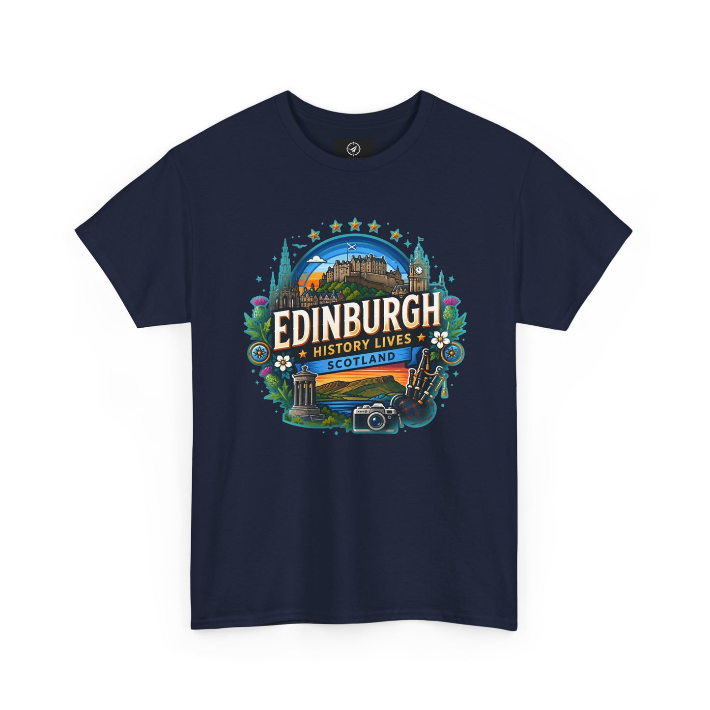 Navy crew-neck travel T-shirt with colorful Edinburgh graphic on the front