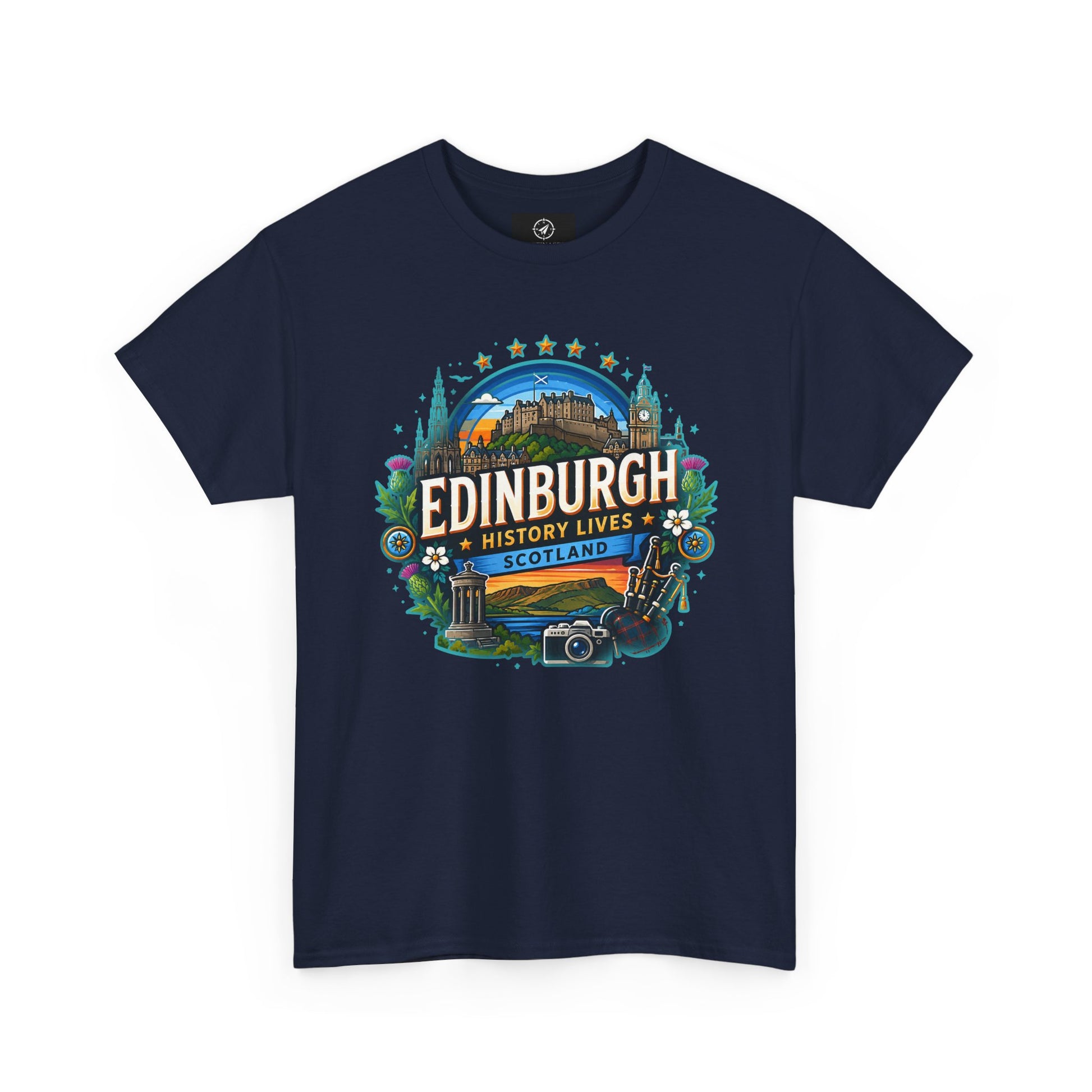 Navy crew-neck travel T-shirt with colorful Edinburgh graphic on the front